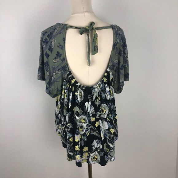 Free People Tops - Free People‎ Cold Shoulder Black Floral Top Boho Loose Fit CottageCore Medium